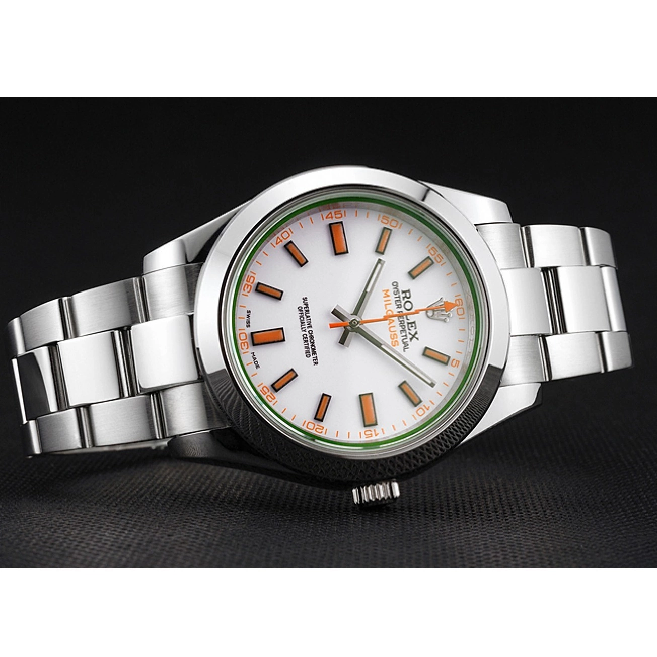 Aaa replica watch And Rolex White Stainless Bracelet Steel Markings Orange Case Dial Swiss Milgauss 0731